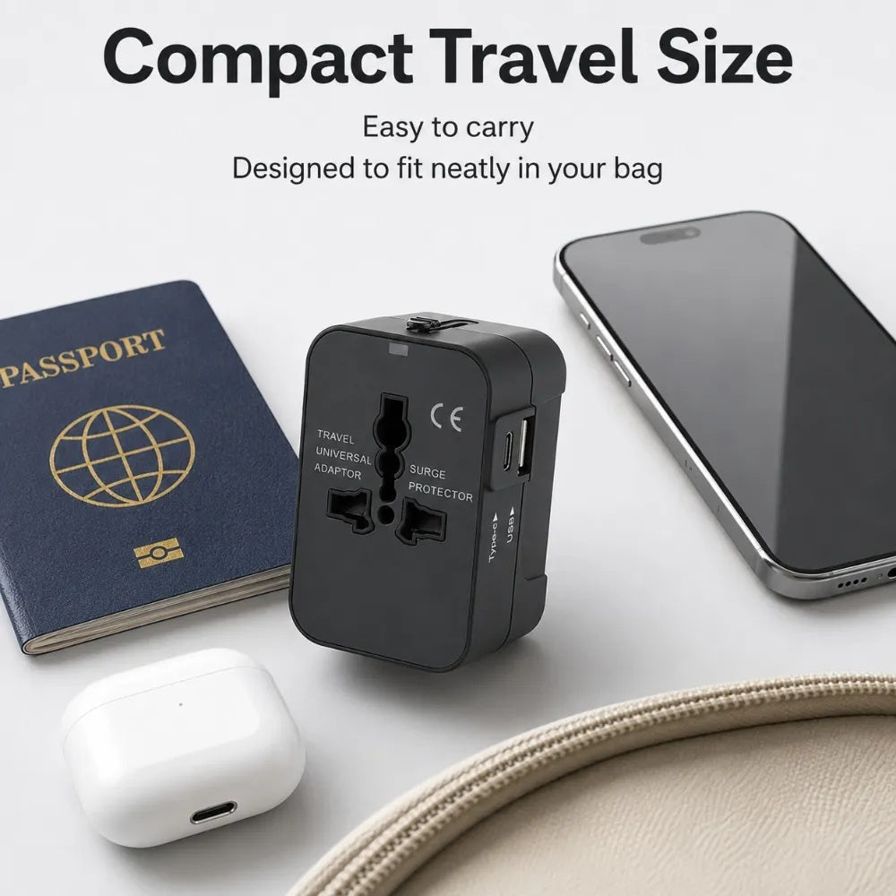 Adaptador De Viaje Premium Todo En Uno Múltiples Países Puertos Adicionales USB y tipo C