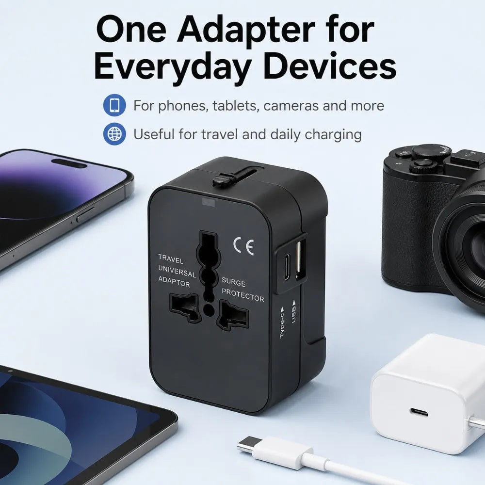 Adaptador De Viaje Premium Todo En Uno Múltiples Países Puertos Adicionales USB y tipo C