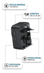 Adaptador De Viaje Premium Todo En Uno Múltiples Países Puertos Adicionales USB y tipo C