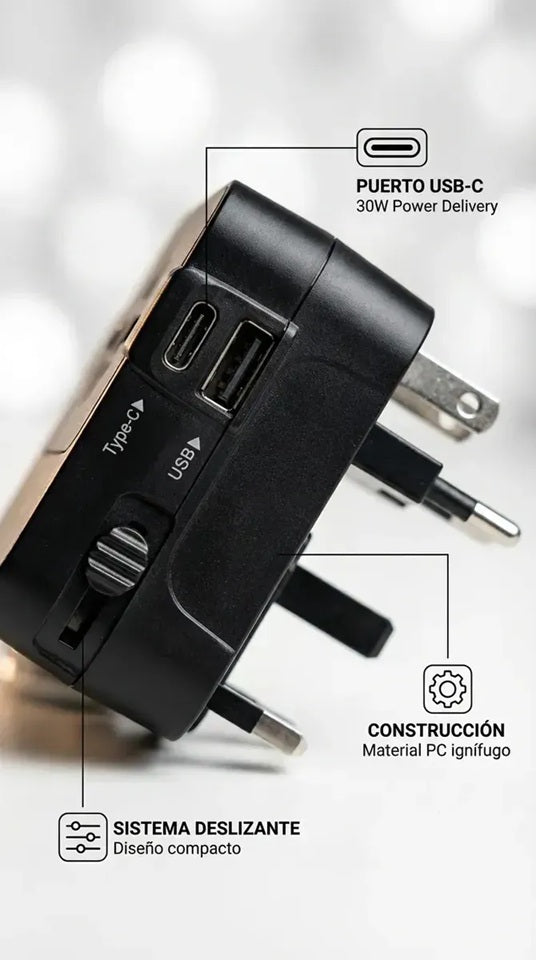 Adaptador De Viaje Premium Todo En Uno Múltiples Países Puertos Adicionales USB y tipo C