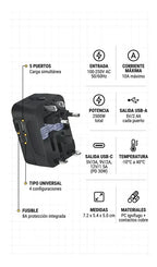 Adaptador De Viaje Premium Todo En Uno Múltiples Países Puertos Adicionales USB y tipo C