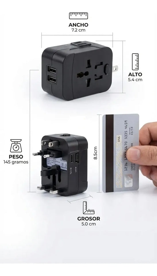 Adaptador De Viaje Premium Todo En Uno Múltiples Países Puertos Adicionales USB y tipo C